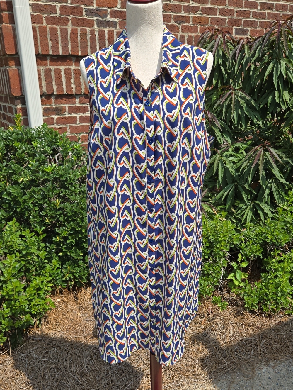 CAbi Sleeveless Navy Geometric Heart-Print Shift Dress
